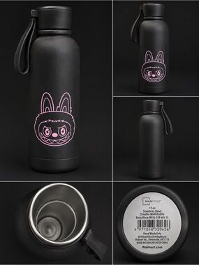 Labubu Black Water Bottle with Pink Bunny Graphic - Insulated Drinkware
